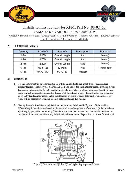 Rhino Grizzly 700 Kibblewhite Head Studs Heavy Duty Aftermarket Yamaha Stud Kit