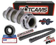 Hotcams engine components with branded boxes and logos on a white background