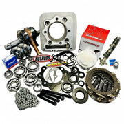 Collection of ATV parts including bearings, gears, and clutch on a white background with brand logos.