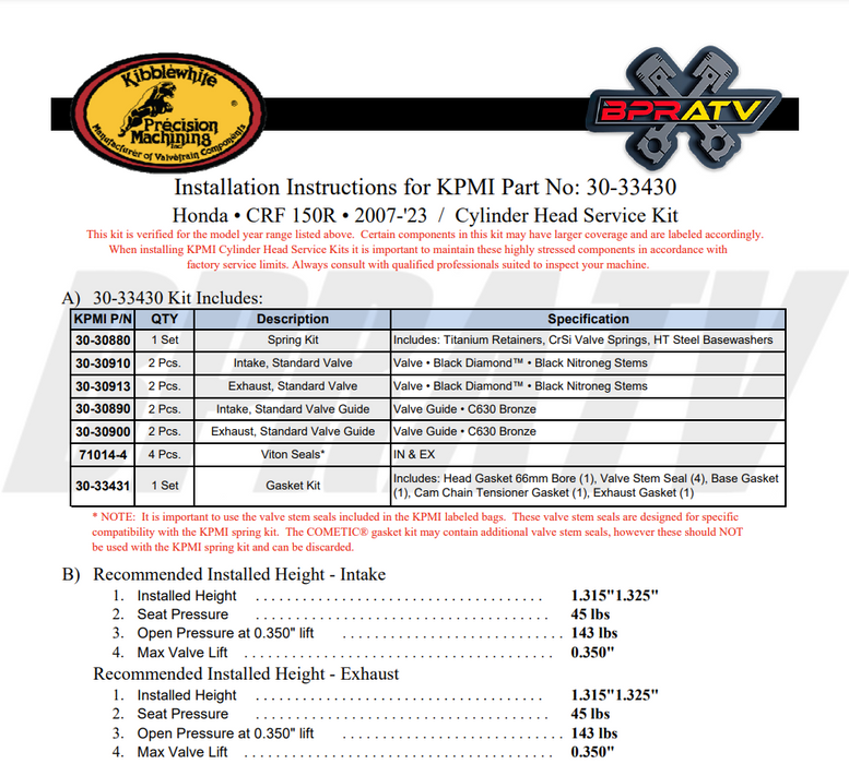 CRF150R Kibblewhite Cylinder Head Service Kit Springs Valves Guides Gaskets Kit