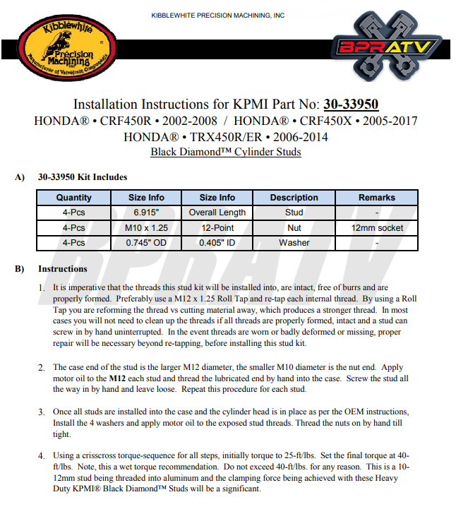 06-14 Honda TRX450R TRX450ER Kibblewhite Stronger Heavy Duty Cylinder Head Studs
