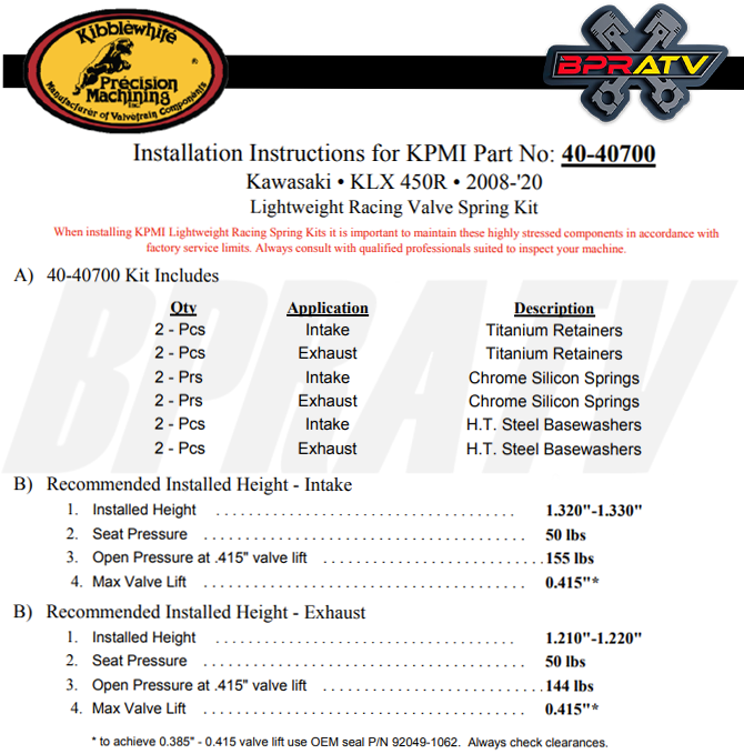 08-20 Kawasaki KLX450R KLX 450R Kibblewhite Race TITANIUM Valves Springs Kit USA