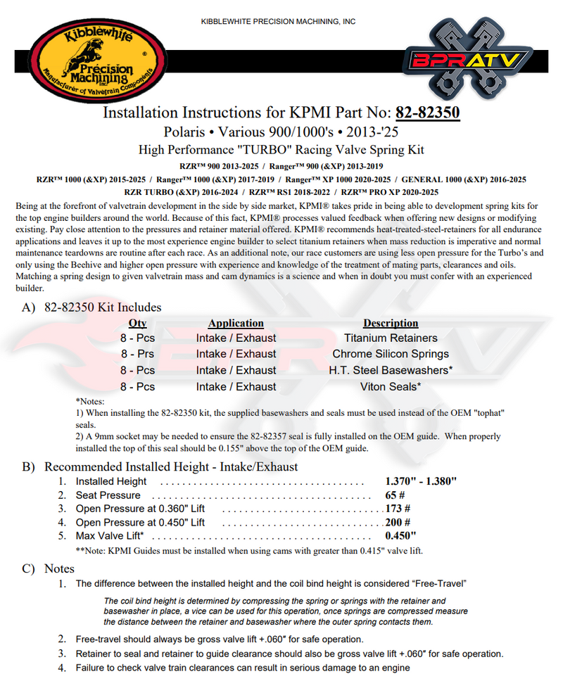 Polaris RZR XP 1000 RS1 XP Turbo Kibblewhite Titanium Race Head Valve Spring Kit