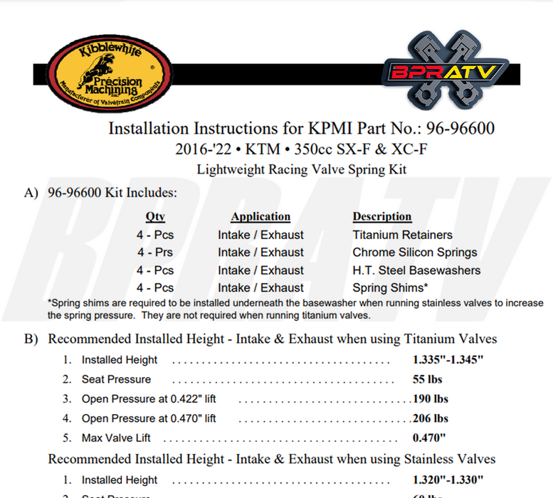 16-22 KTM 350 XC-F SX-F XCF SXF Kibblewhite RACE Titanium Valves Springs Kit