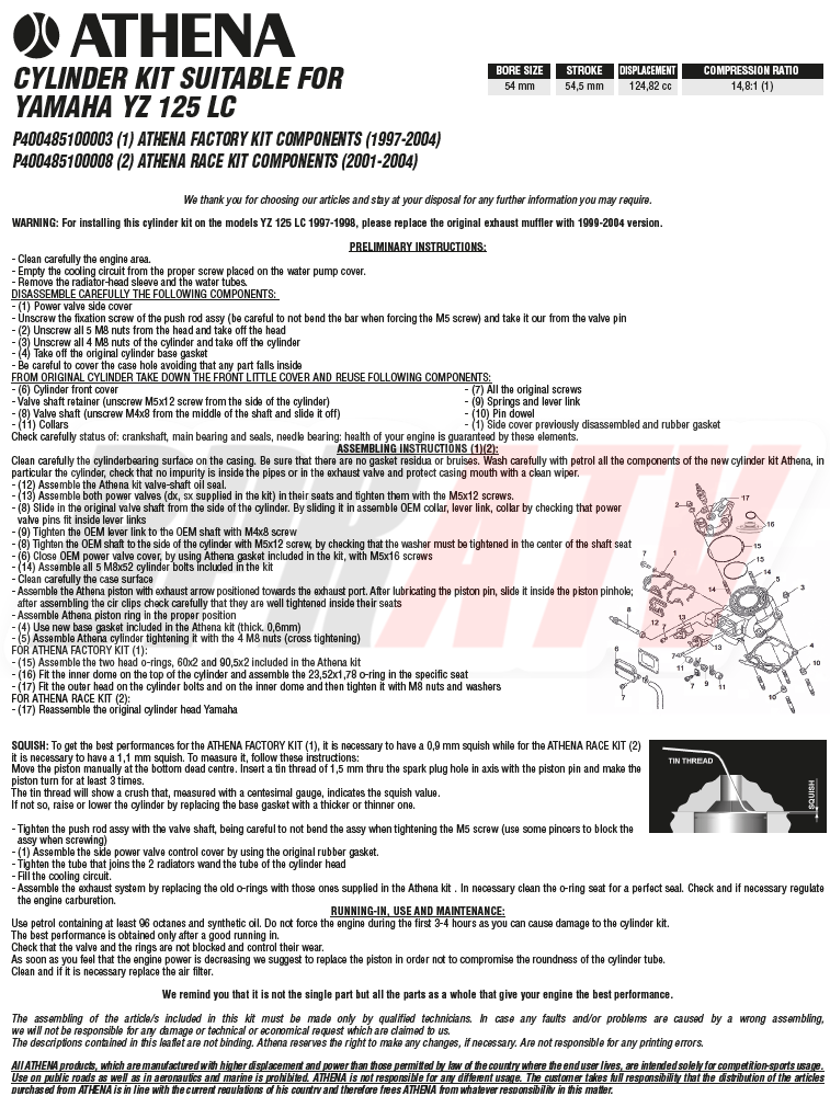 97-04 Yamaha YZ125 YZ 125 54mm Athena RACING Top End Cylinder Kit 14.8:1 Piston