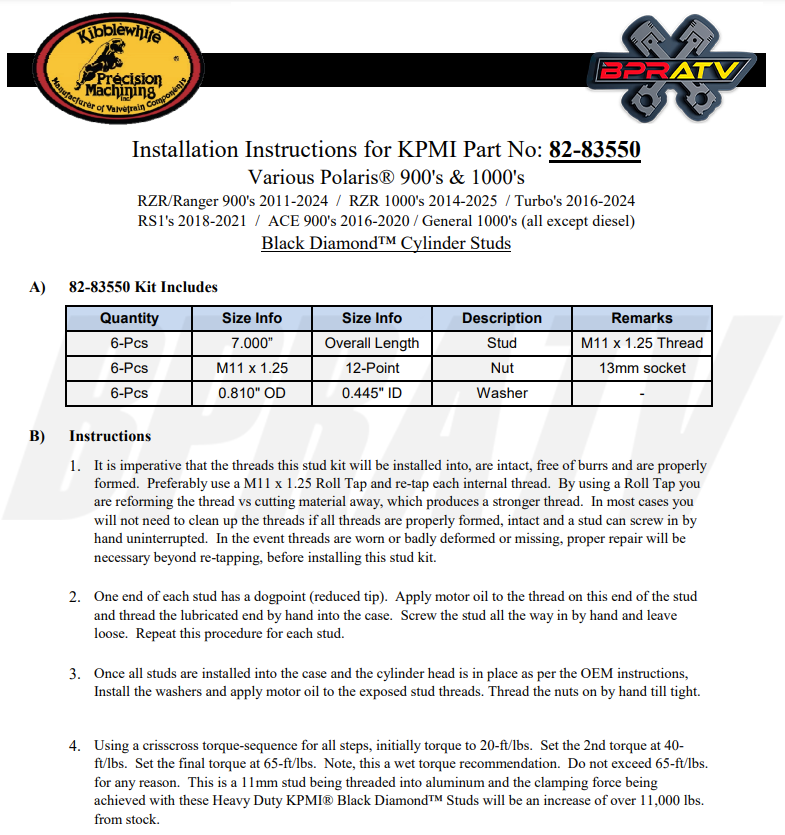 15+ Polaris RZR900 RZR 900 Kibblewhite Stronger Heavy Duty Cylinder ARP Stud Kit