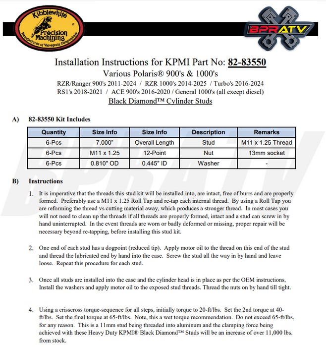 15+ Polaris RZR900 RZR 900 Kibblewhite Stronger Heavy Duty Cylinder ARP Stud Kit