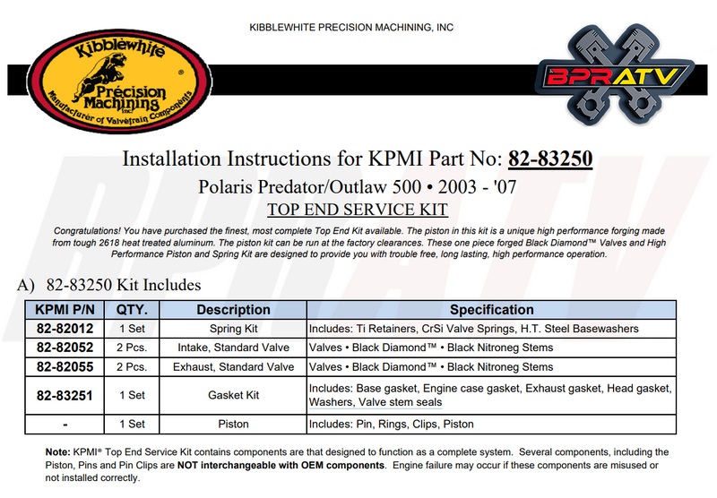 Predator 500 Kibblewhite Valve Spring Cylinder Wiseco Piston Top End Rebuild Kit