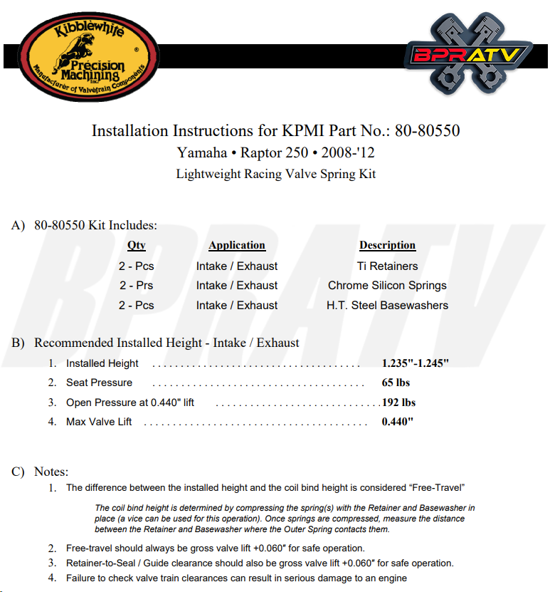 08-13 Raptor 250 YFM250R 250R Intake Exhaust Valves Kit & KIBBLEWHITE Spring Kit