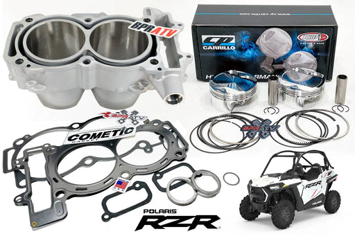 Automotive parts including a cylinder head, gaskets, and rings with Polaris RZR branding.