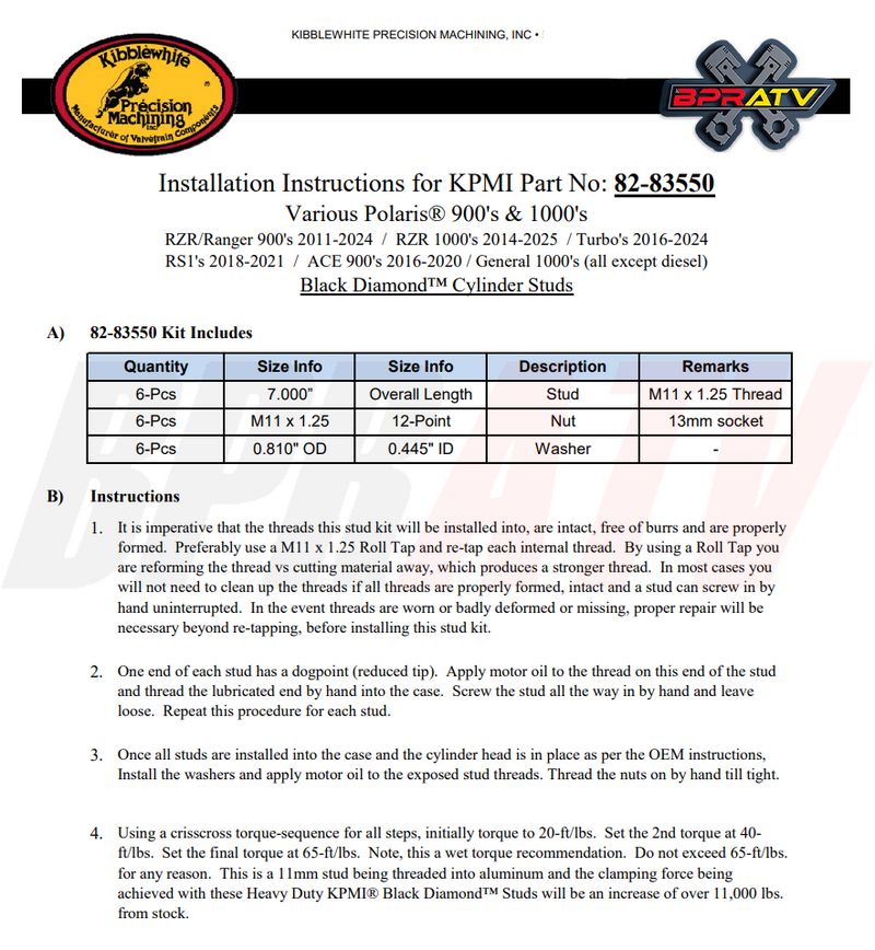 2018+ Polaris RZR RS1 RS-1 Kibblewhite Stronger Heavy Duty Cylinder Head Studs