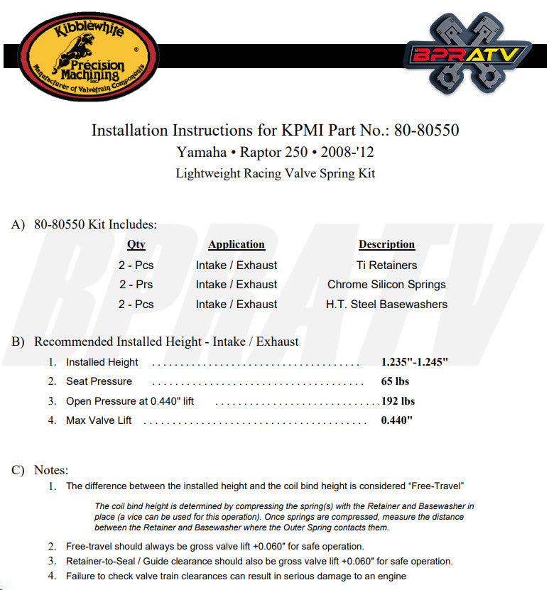 Intake Valve Exhaust Valve Kit & KIBBLEWHITE Spring Kit for Yamaha Raptor 250 R