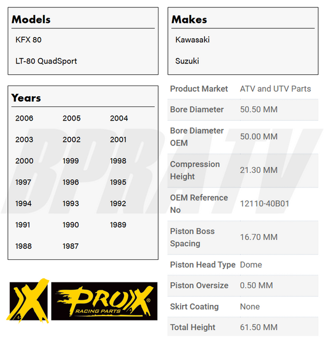 Suzuki LT80 Kawasaki KFX80 50.50mm 0.50mm Over Size PROX Top End Kit 01.3180.050