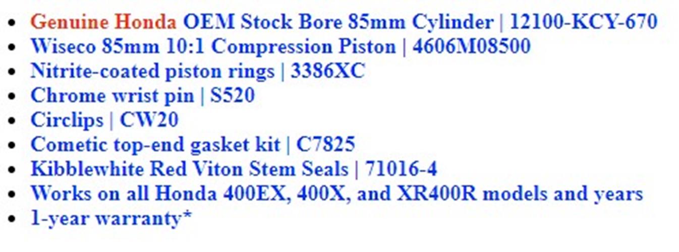Honda 400EX OEM Stock Cylinder 85mm Wiseco Piston 10:1 Cometic Gasket KPMI Viton