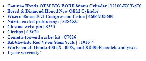 Honda 400EX OEM Big Bore 86mm Cylinder Wiseco Piston Kit 10:1 Cometic Gasket Kit